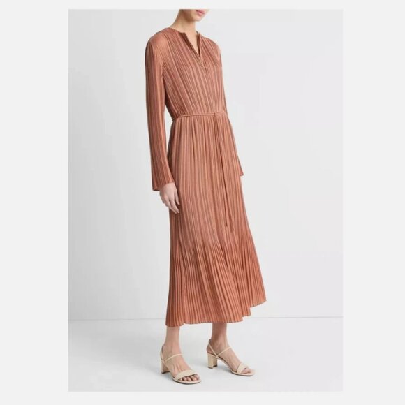 Vince Pleated Satin Long-Sleeve Midi Dress - Picture 4 of 11